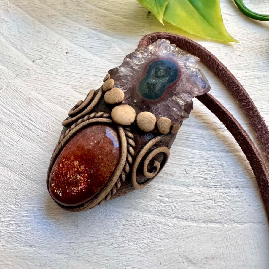 Sunstone and Amethyst Stalactite Pendant Necklace, Handmade Boho Jewelry - FairyGardenGlow