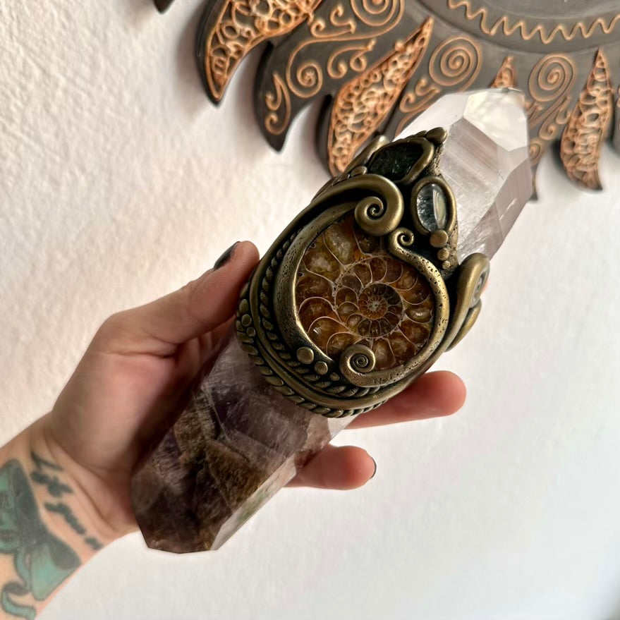 Ammonite fossil and Super Seven Quartz crystal wand