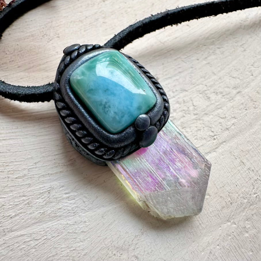 Angel Aura Kunzite pendant paired with natural Larimar crystal