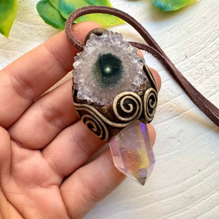 Angel Aura Quartz and Amethyst Stalactite Necklace - FairyGardenGlow