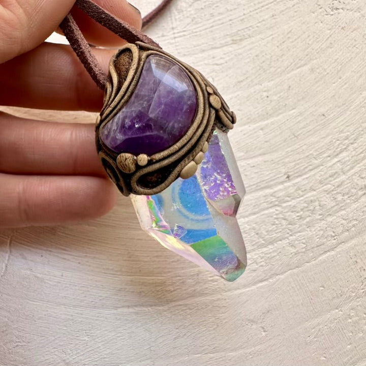 Angel Aura Quartz and Amethyst Moon Necklace, Handmade Crystal Jewelry FairyGardenGlow