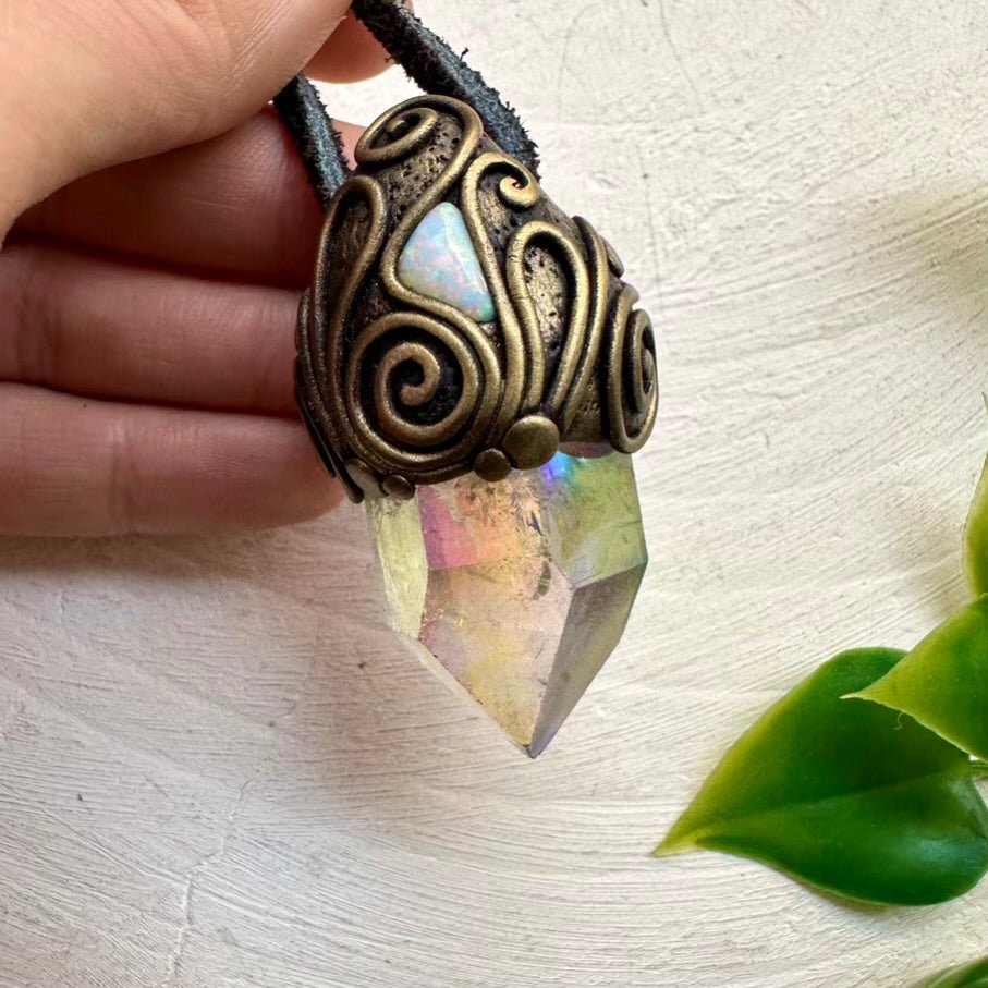 Angel Aura Quartz and Australian Opal Necklace, Healing Crystal Jewelry FairyGardenGlow