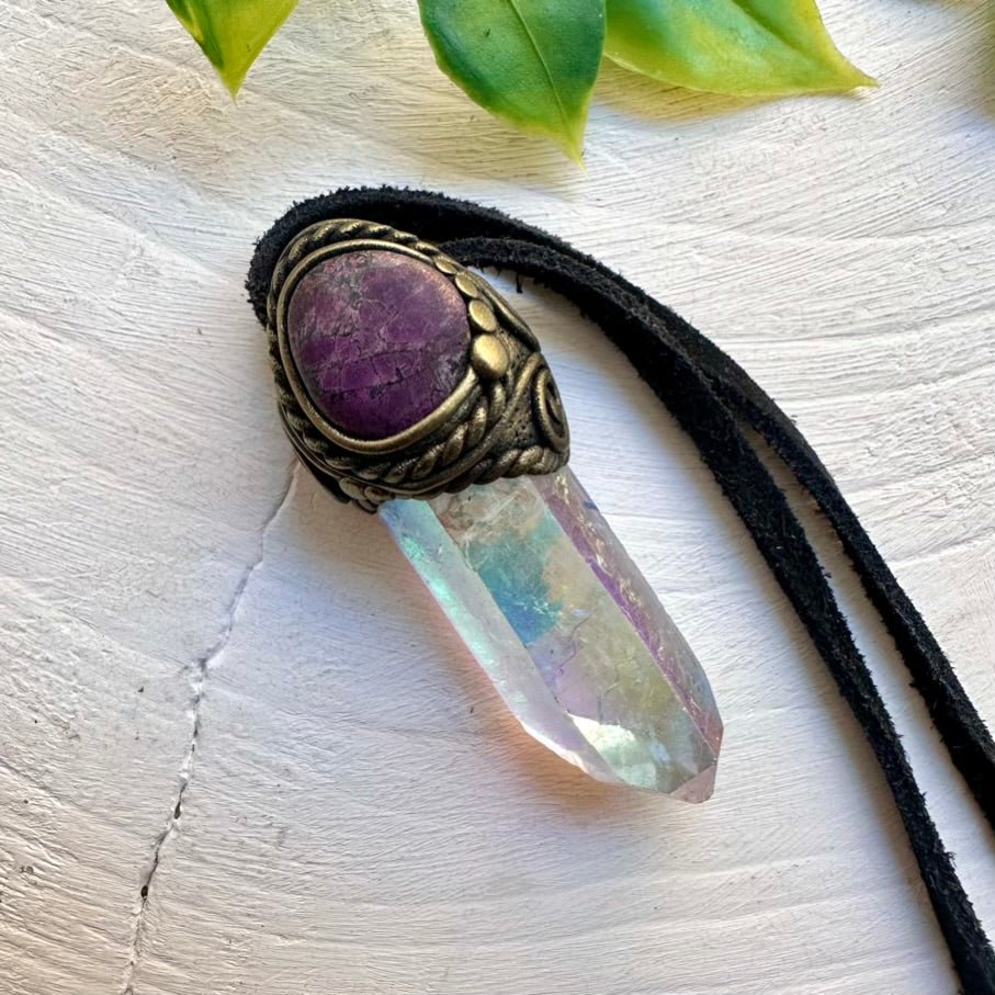 Angel Aura Quartz and Purpurite Necklace, Handmade Crystal Jewelry - FairyGardenGlow