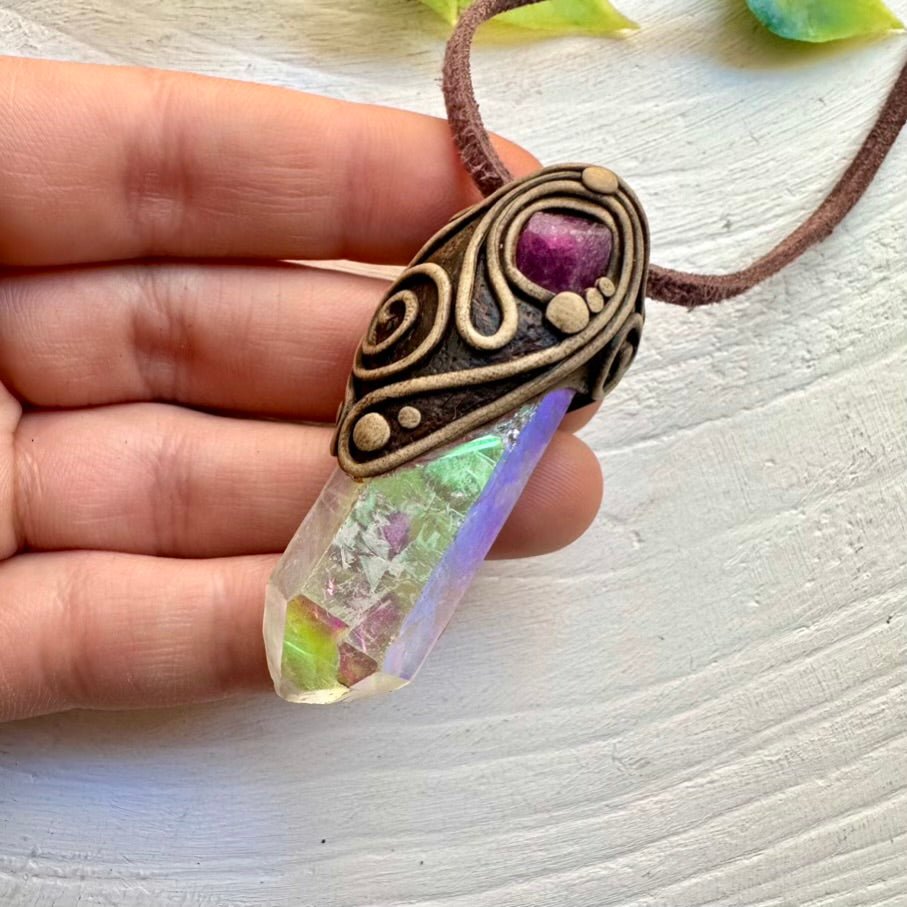 Angel Aura Quartz and Raw Ruby Pendant Necklace, Handmade Crystal Jewelry - FairyGardenGlow