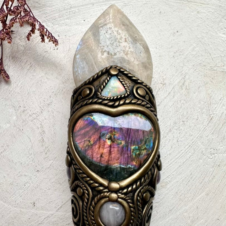 Angel Aura Quartz healing wand with Amethyst and Rose Quartz stones