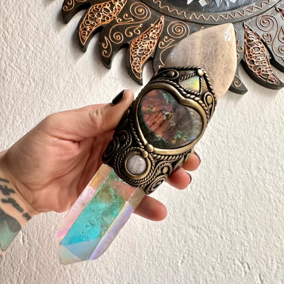 Angel Aura Quartz wand combined with Amethyst and Rose Quartz