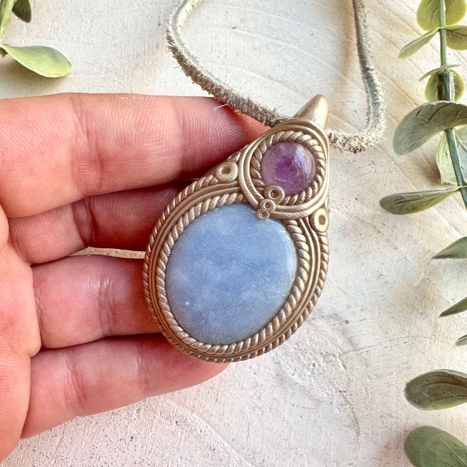 Angelite and Amethyst Pendant Necklace - Protection Healing Jewelry