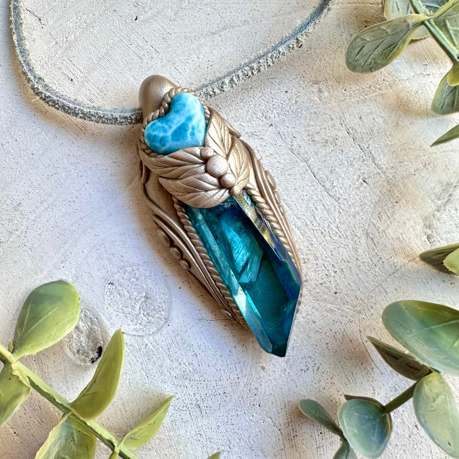 Aqua Aura Quartz & Larimar Heart Necklace – Handmade Gemstone Jewelry, Ocean Healing Crystal Pendant