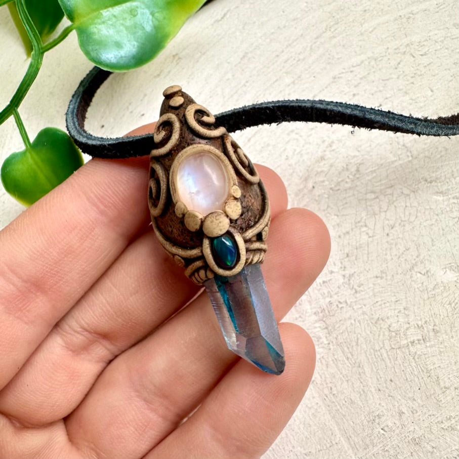 Aqua Aura Quartz Moonstone and Black Ethiopian Opal Necklace - FairyGardenGlow