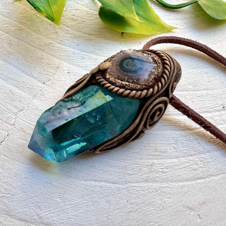 Aqua Aura Quartz and Amethyst Stalactite Pendant Necklace - FairyGardenGlow