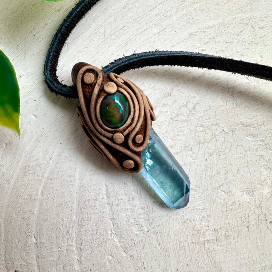 Aqua Aura Quartz and Black Ethiopian Opal Pendant Necklace - FairyGardenGlow