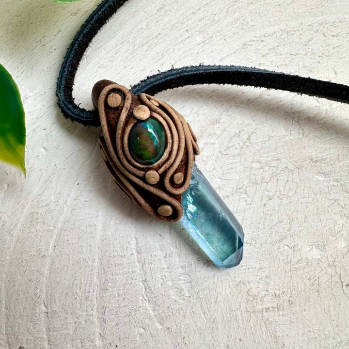Aqua Aura Quartz and Black Ethiopian Opal Pendant Necklace - FairyGardenGlow