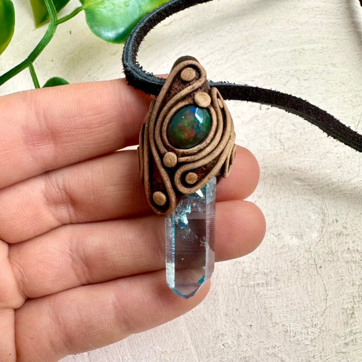 Aqua Aura Quartz and Black Ethiopian Opal Pendant Necklace - FairyGardenGlow