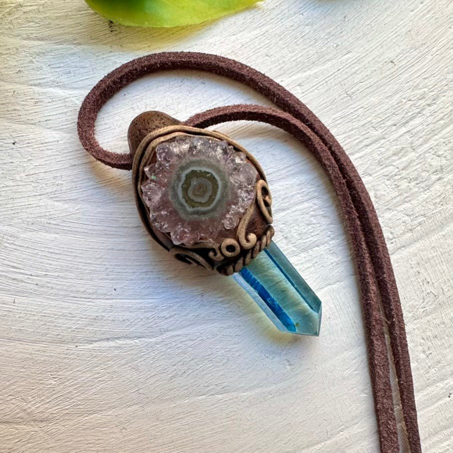 Aqua Aura Quartz and Amethyst Stalactite Necklace, Raw Stone Jewelry - FairyGardenGlow