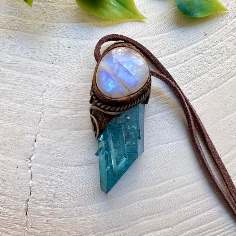 Aqua Aura Quartz and Rainbow Moonstone Pendant Necklace, Handmade Crystal Pendant - FairyGardenGlow