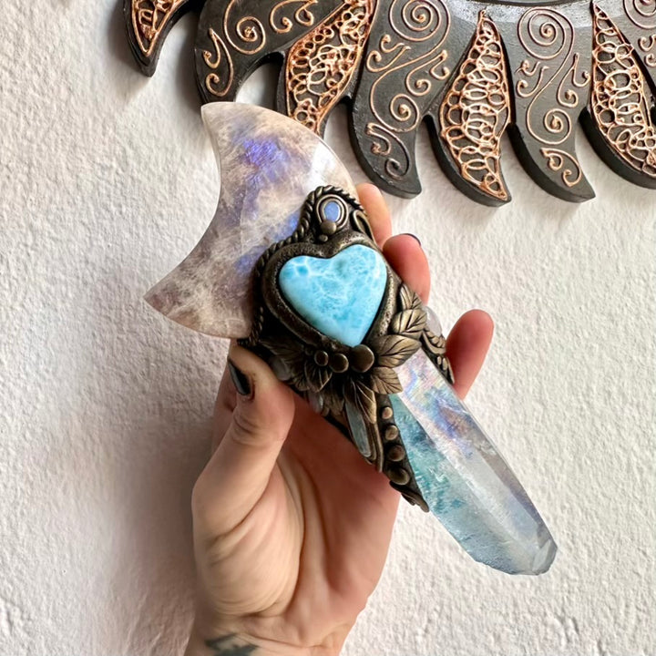 Crystal wand with Moonstone moon, Larimar heart and Opal doublet