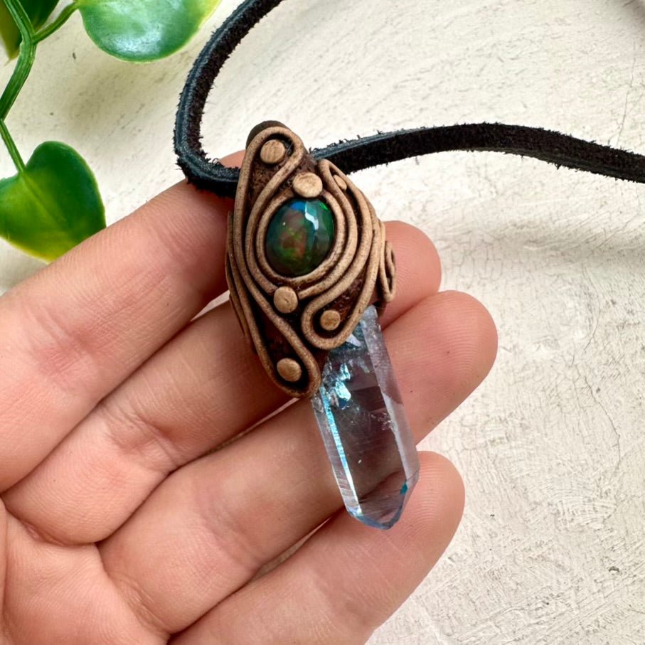 Aqua Aura Quartz and Black Ethiopian Opal Pendant Necklace - FairyGardenGlow