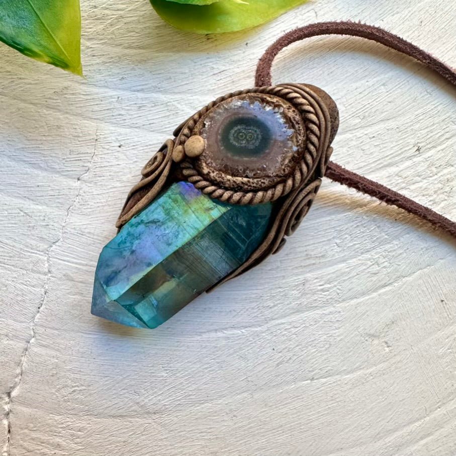 Aqua Aura Quartz and Amethyst Stalactite Pendant Necklace - FairyGardenGlow