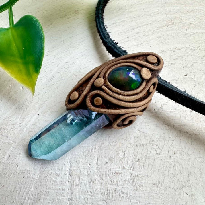 Aqua Aura Quartz and Black Ethiopian Opal Pendant Necklace - FairyGardenGlow