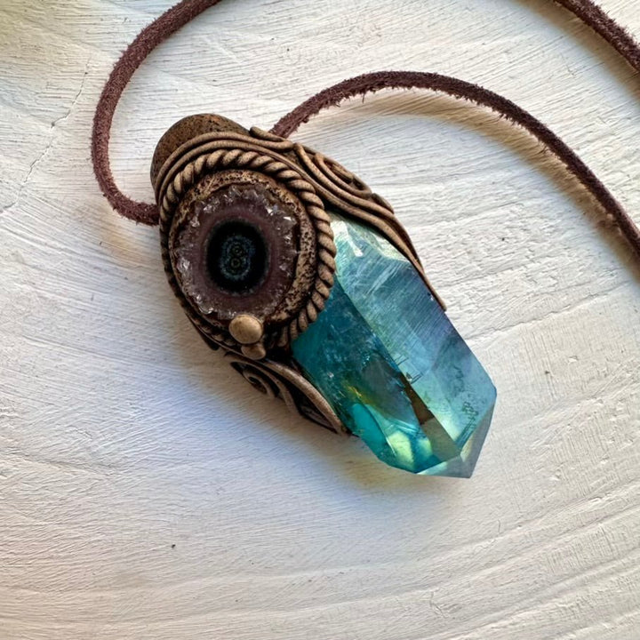 Aqua Aura Quartz and Amethyst Stalactite Pendant Necklace - FairyGardenGlow