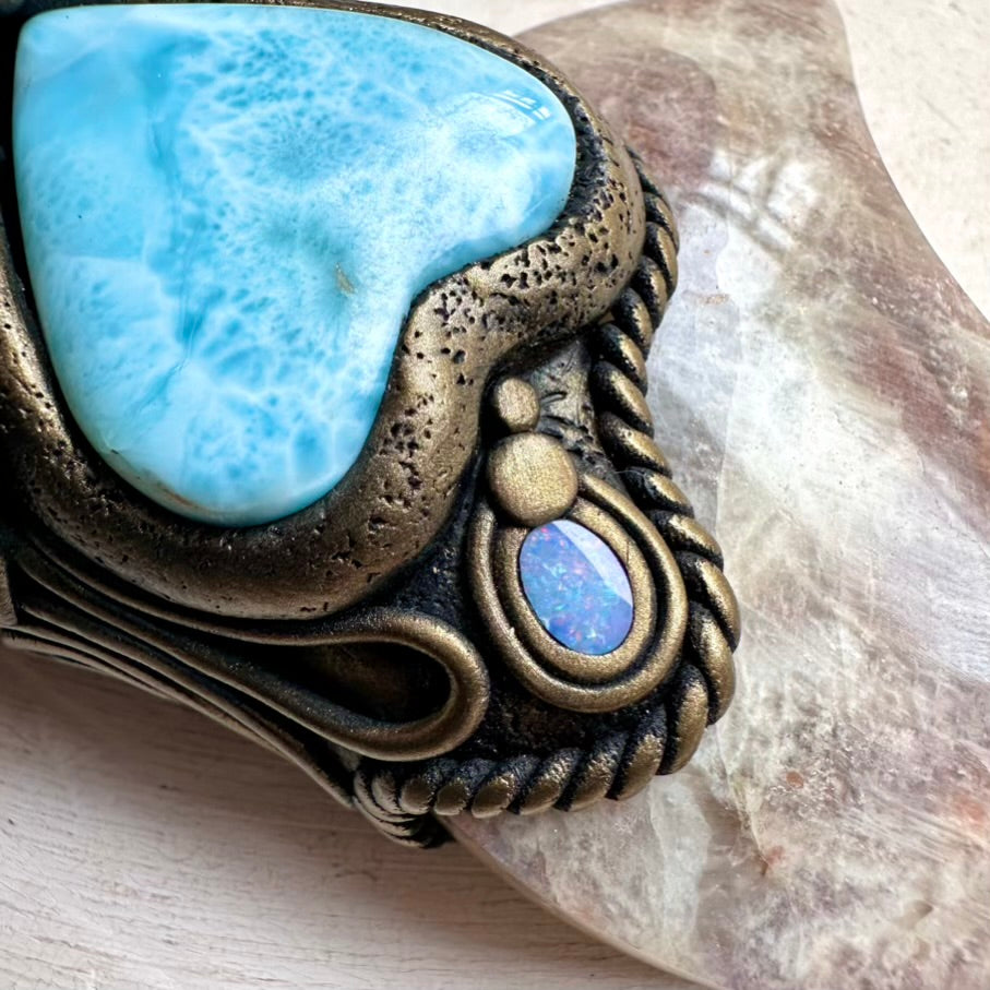 Aqua Aura Quartz point wand with Aquamarine and Opal