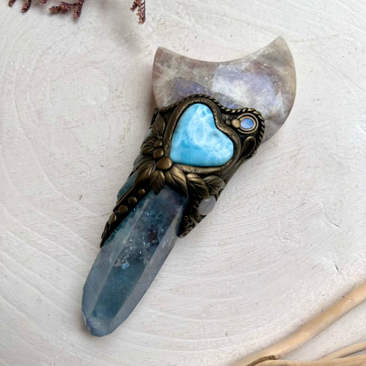 Aqua Aura Quartz wand featuring Larimar heart and Australian Opal doublet