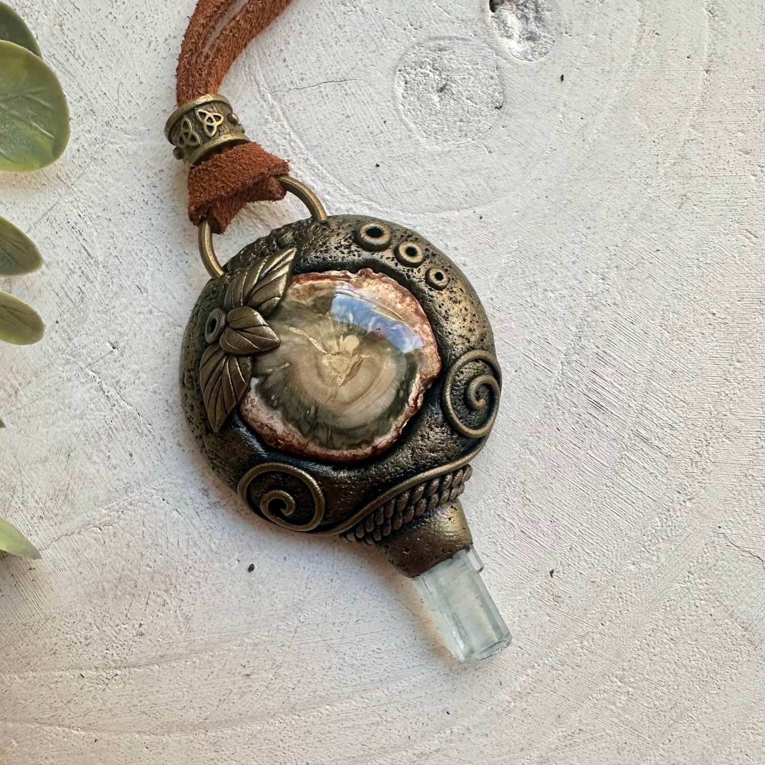Aquamarine & Petrified Wood Pendant Necklace – Spiritual Jewelry, Healing Stone Necklace