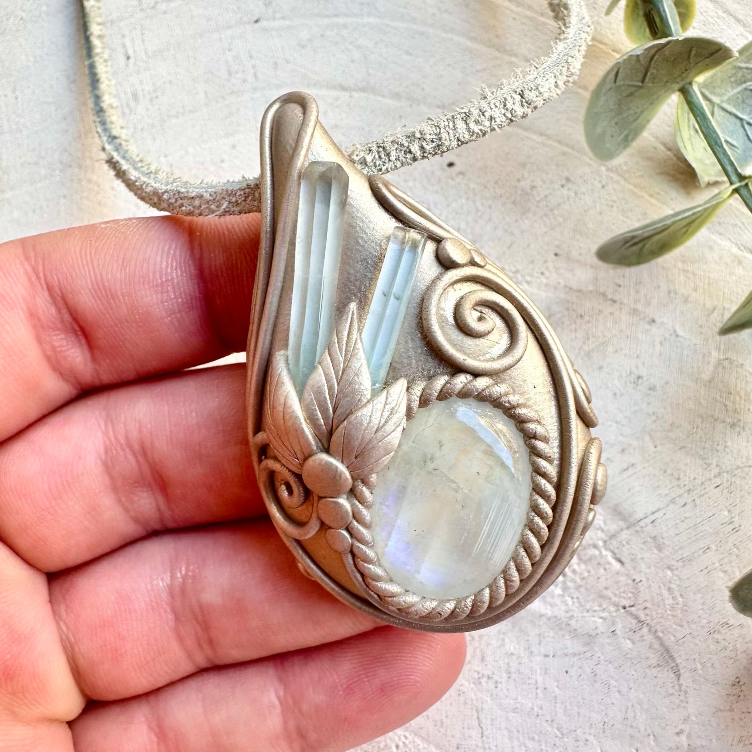 Aquamarine and Rainbow Moonstone handmade unique pendant