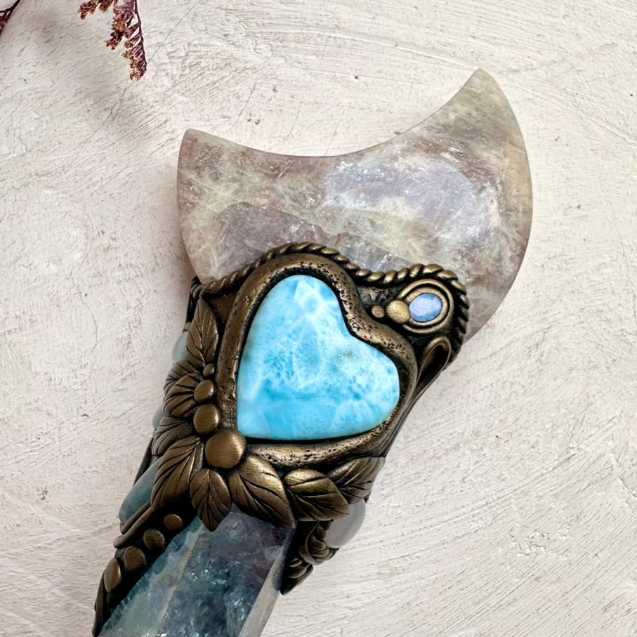 Artisan crystal wand with Moonstone moon and Larimar heart