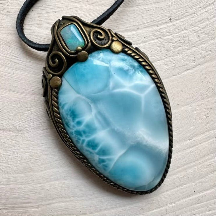 Large Larimar and Australian Opal Crystal Necklace, Unique Gemstone Jewelry FairyGardenGlow