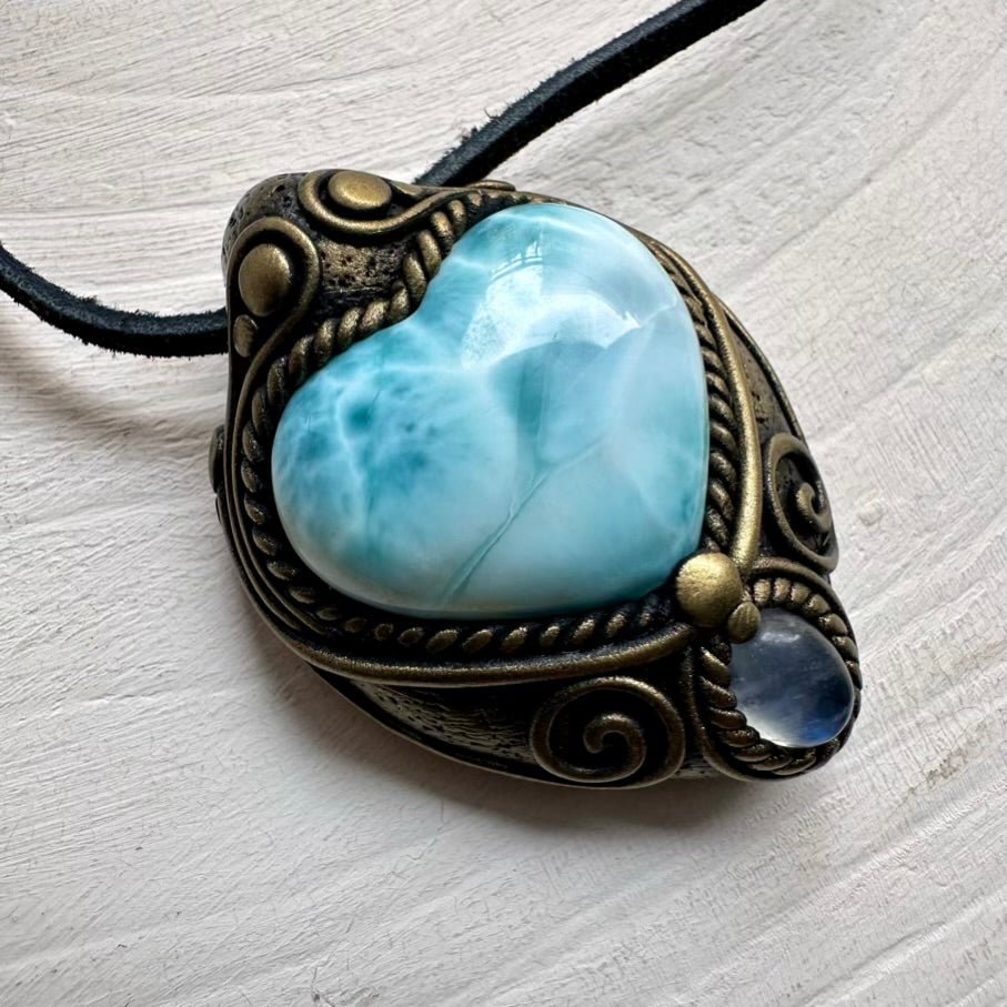 Larimar Heart and Moonstone Necklace FairyGardenGlow