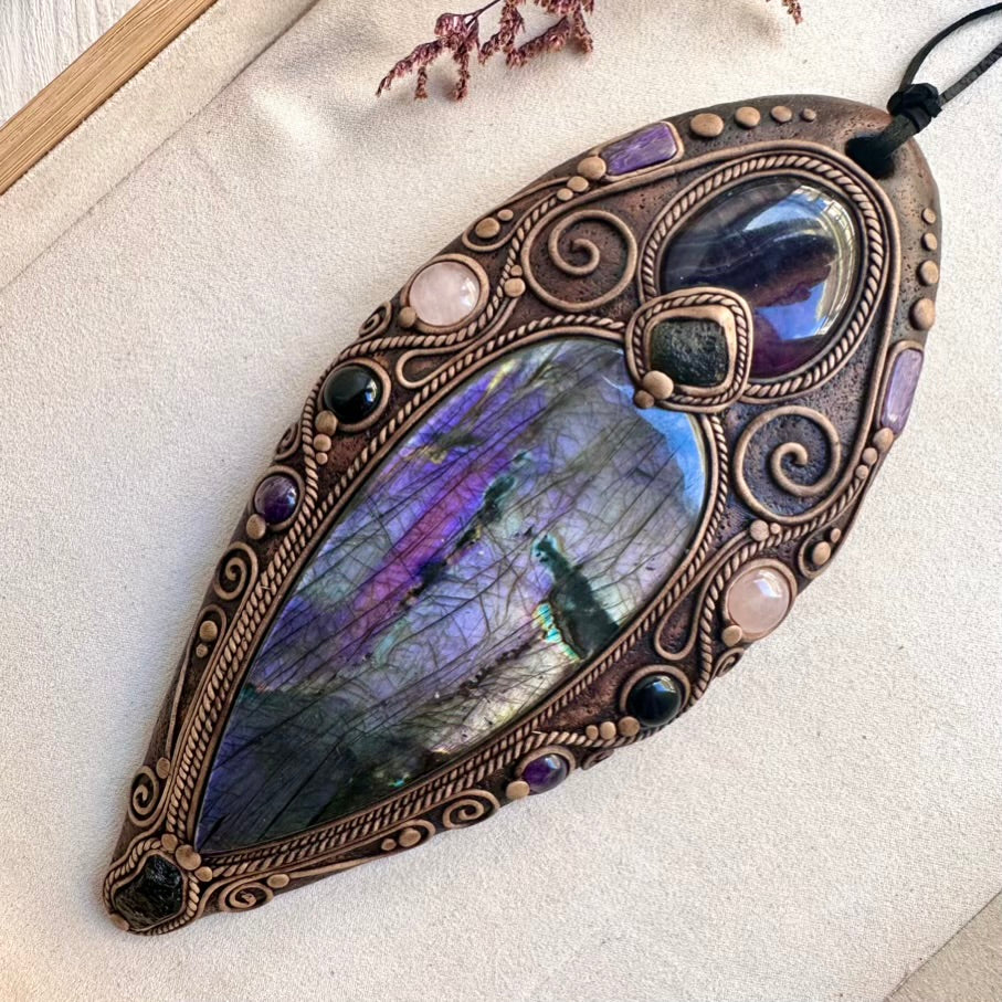 Artisan spiritual wall decor made with Fluorite, Rose Quartz and Onyx