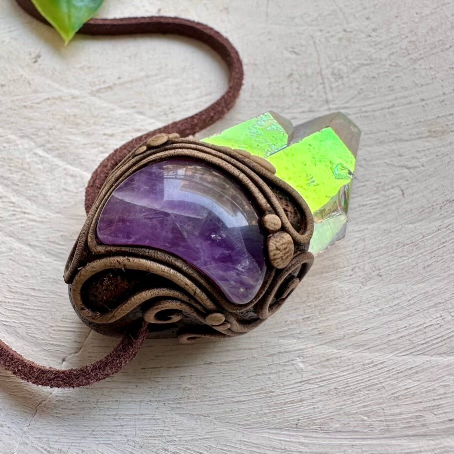 Angel Aura Quartz and Amethyst Moon Necklace, Handmade Crystal Jewelry FairyGardenGlow