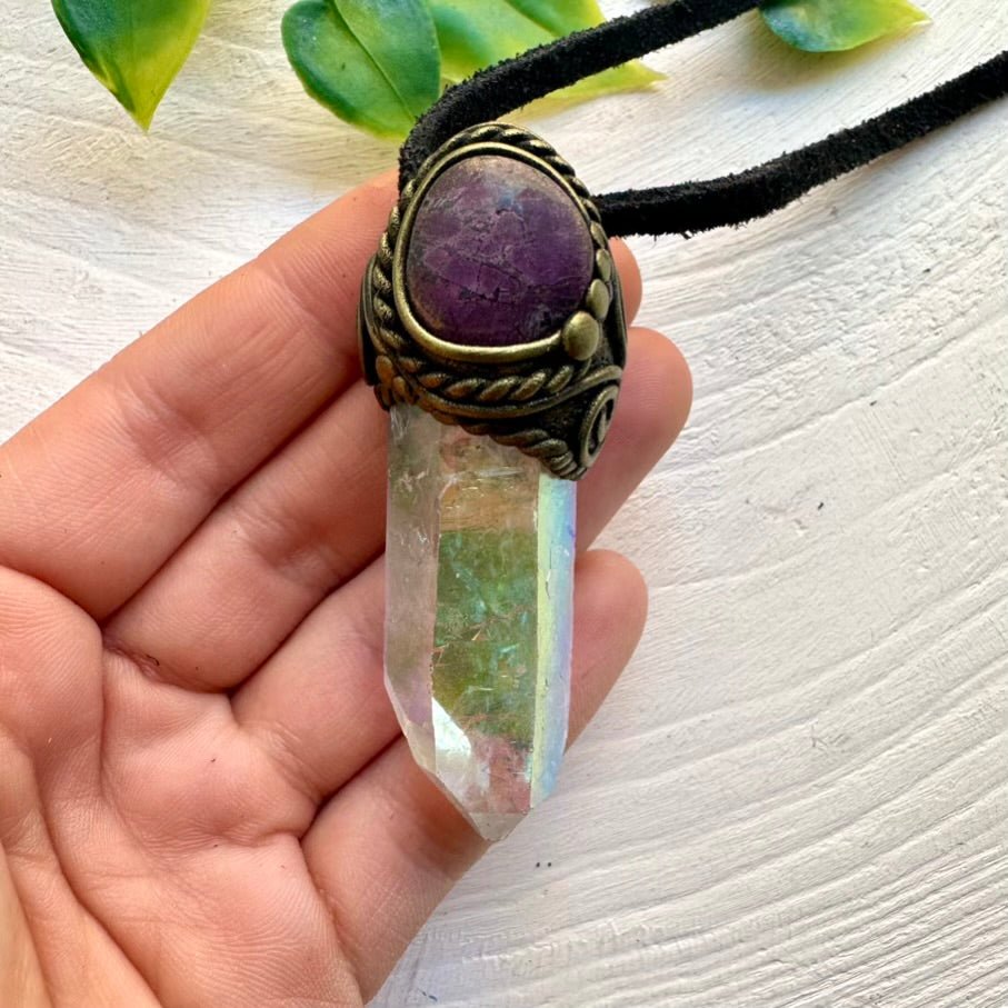 Angel Aura Quartz and Purpurite Necklace, Handmade Crystal Jewelry - FairyGardenGlow
