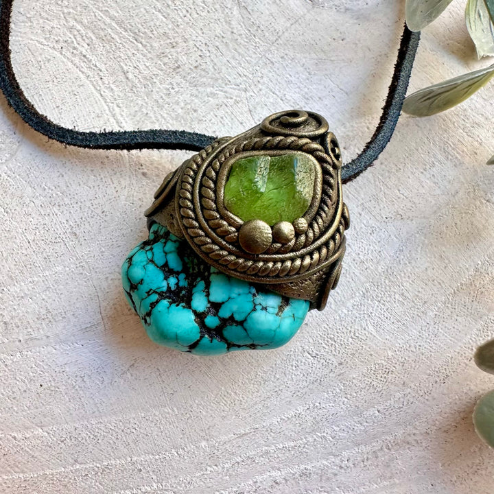 One of a kind crystal necklace with blue Turquoise and bright green Peridot.