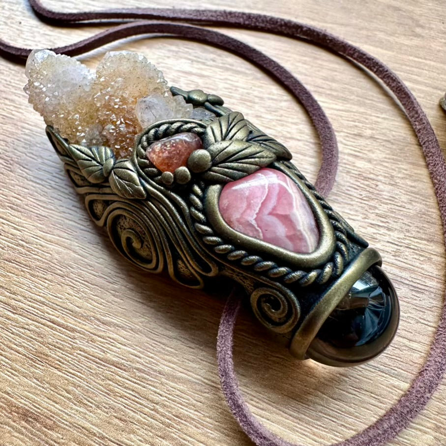 Spirit Quartz Smoky Quartz Rhodochroiste and Sunstone Crystal Talisman / Handmade Gemstone Wand-Pendant - FairyGardenGlow