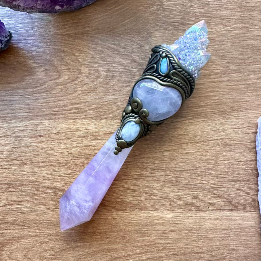 Lavender Fluorite Wand, Angel Aura Spirit Quartz, Rose Quartz Heart, Moonstone and Australian Opal Crystal Wand - FairyGardenGlow