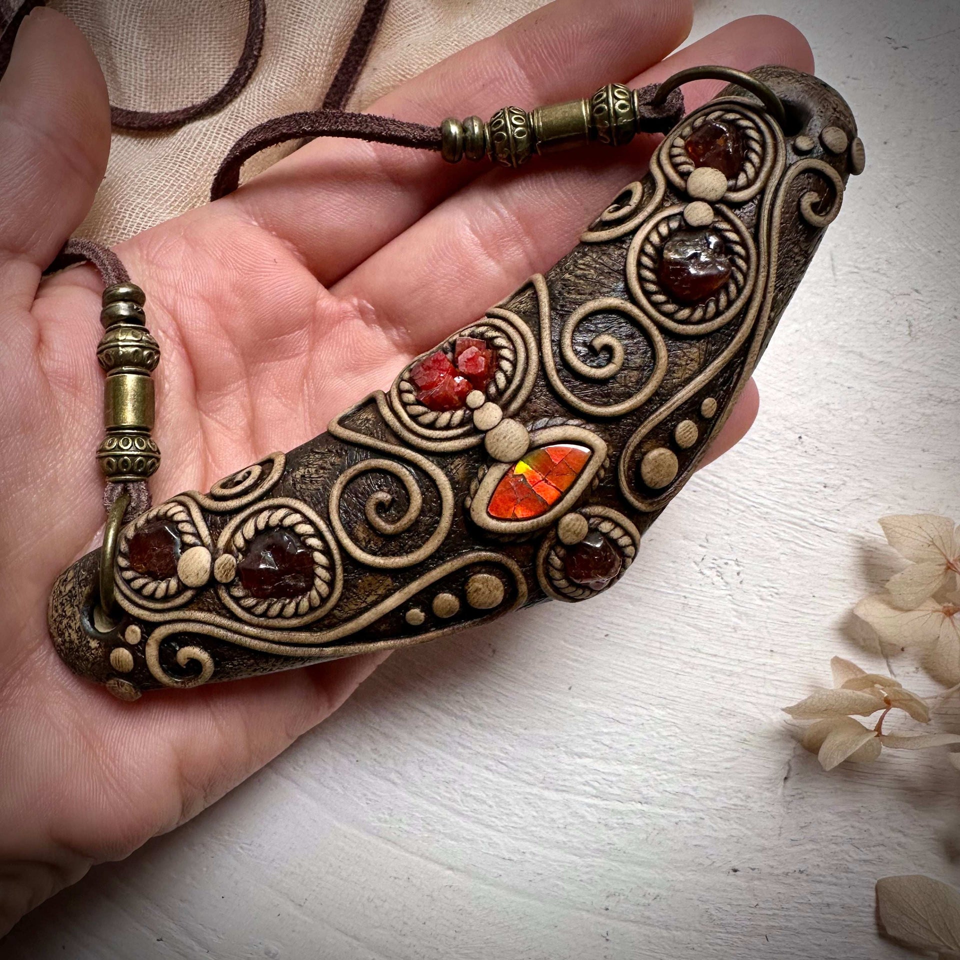 Ammolite Vanadinite and Hessonite Garnet Statement Necklace - FairyGardenGlow