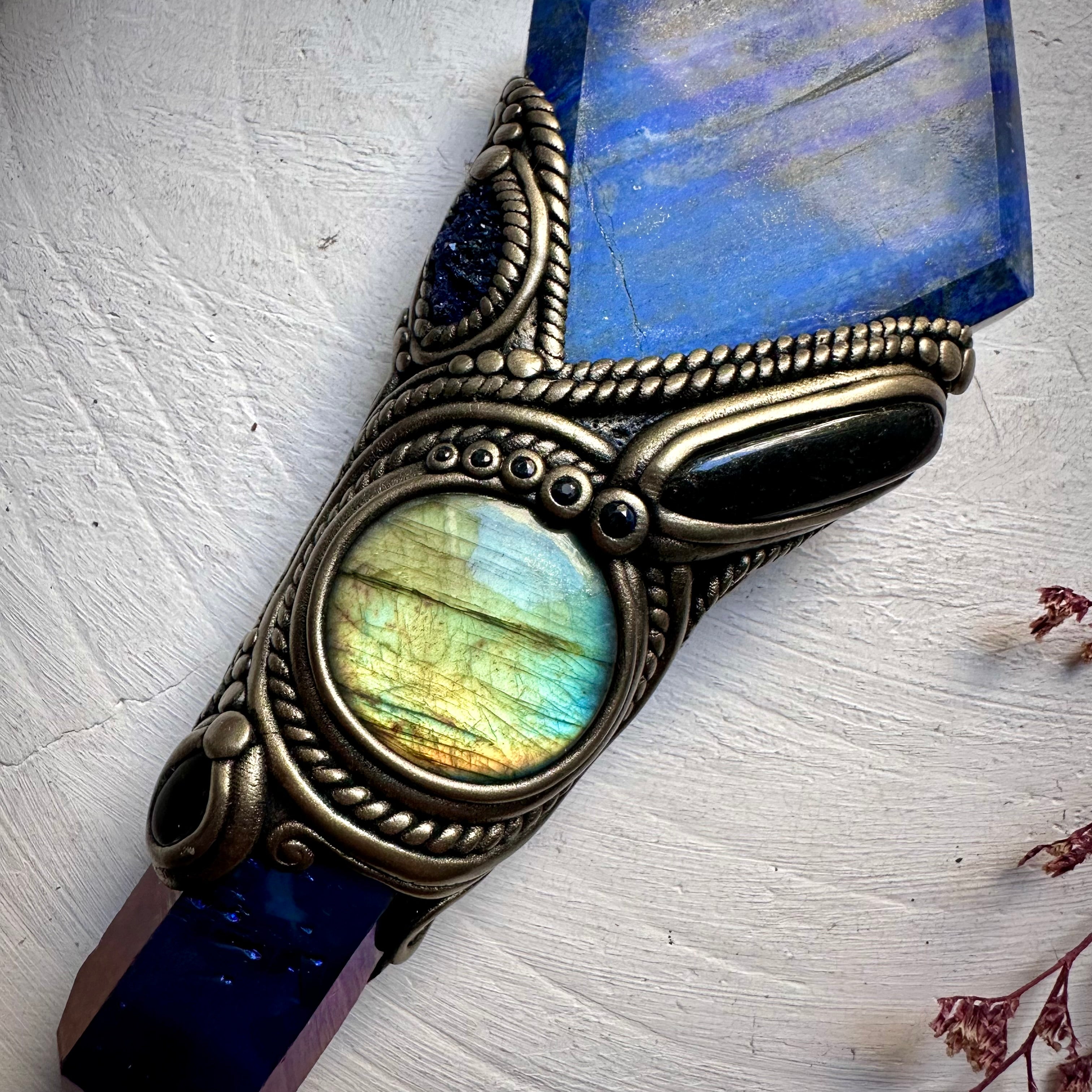 Lapis Lazuli Cobalt Aura Quartz Labradorite Black Tourmaline Azurite Black Onyx and Blue Sapphire Wand - FairyGardenGlow