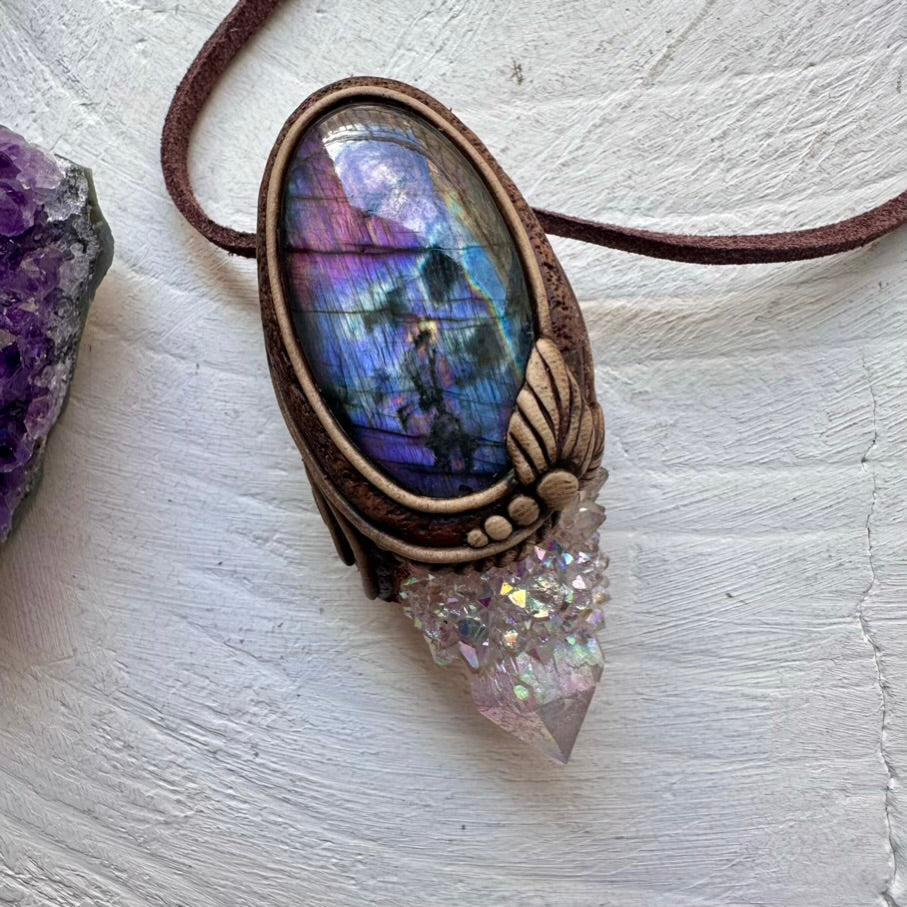 Angel Aura Spirit Quartz and Purple Labradorite Pendant, Healing Crystal Jewelry