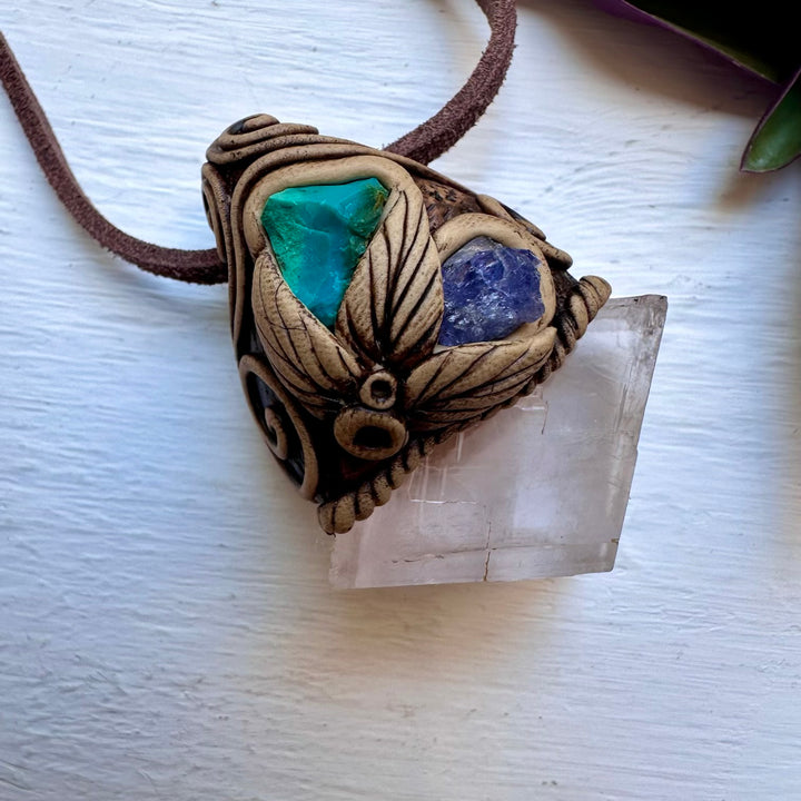 Clear Calcite Chrysocolla and Tanzanite Necklace - FairyGardenGlow