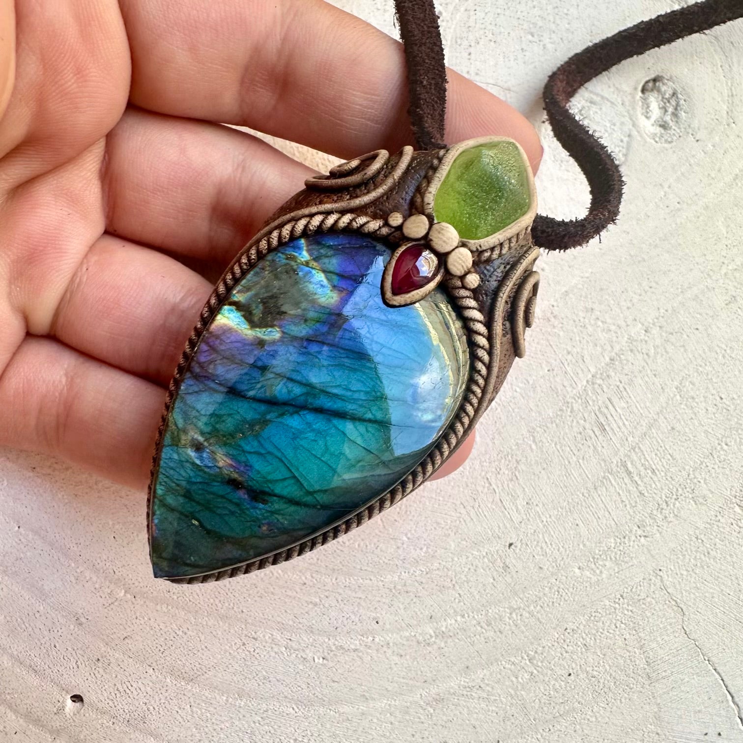 Labradorite pendant necklace with Raw Peridot and Rhodolite Garnet handmade with natural gemstones