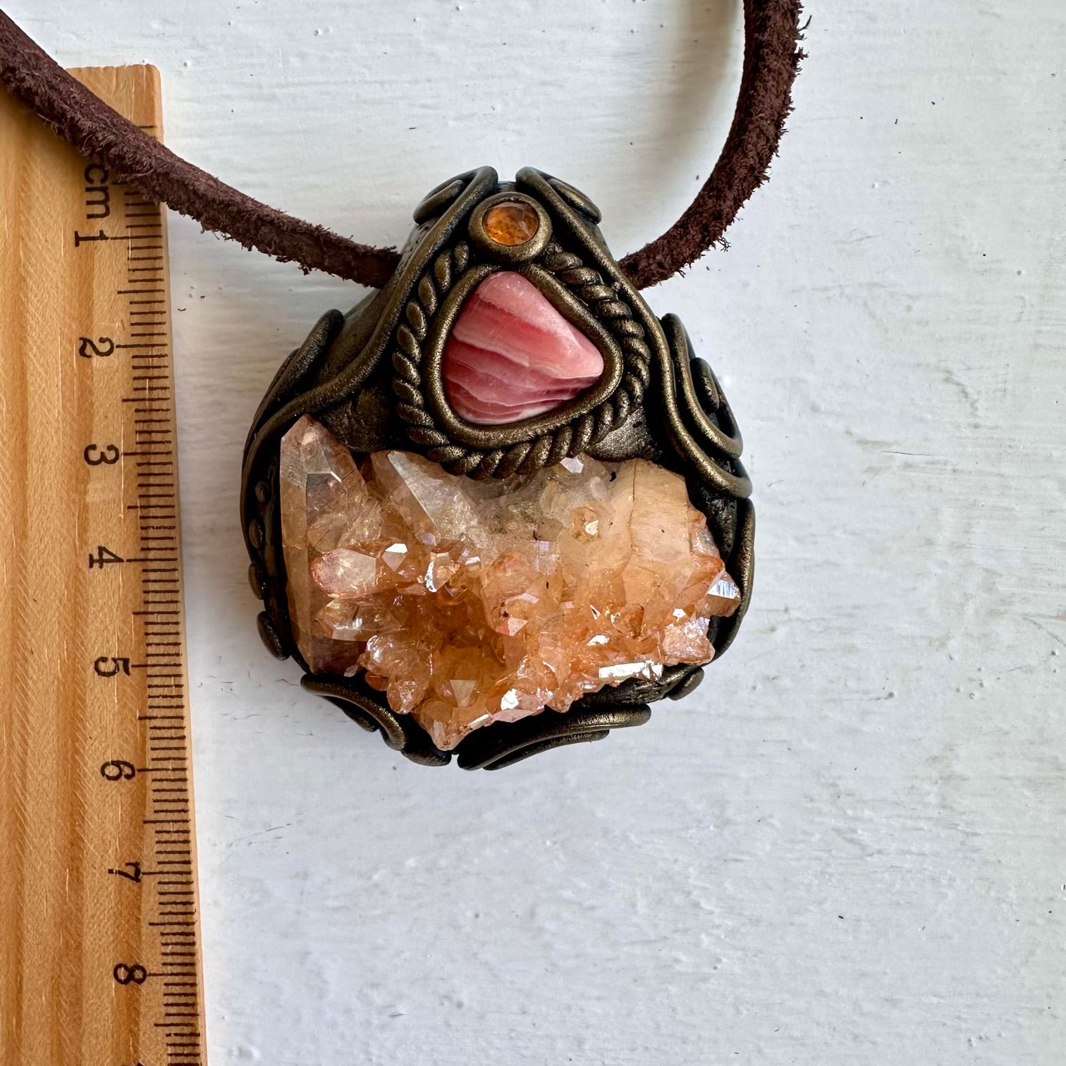 Tangerine Aura Quartz Cluster Rhodochrosite and Imperial Topaz Necklace - FairyGardenGlow