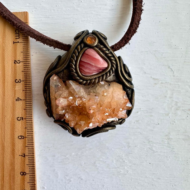 Tangerine Aura Quartz Cluster Rhodochrosite and Imperial Topaz Necklace - FairyGardenGlow
