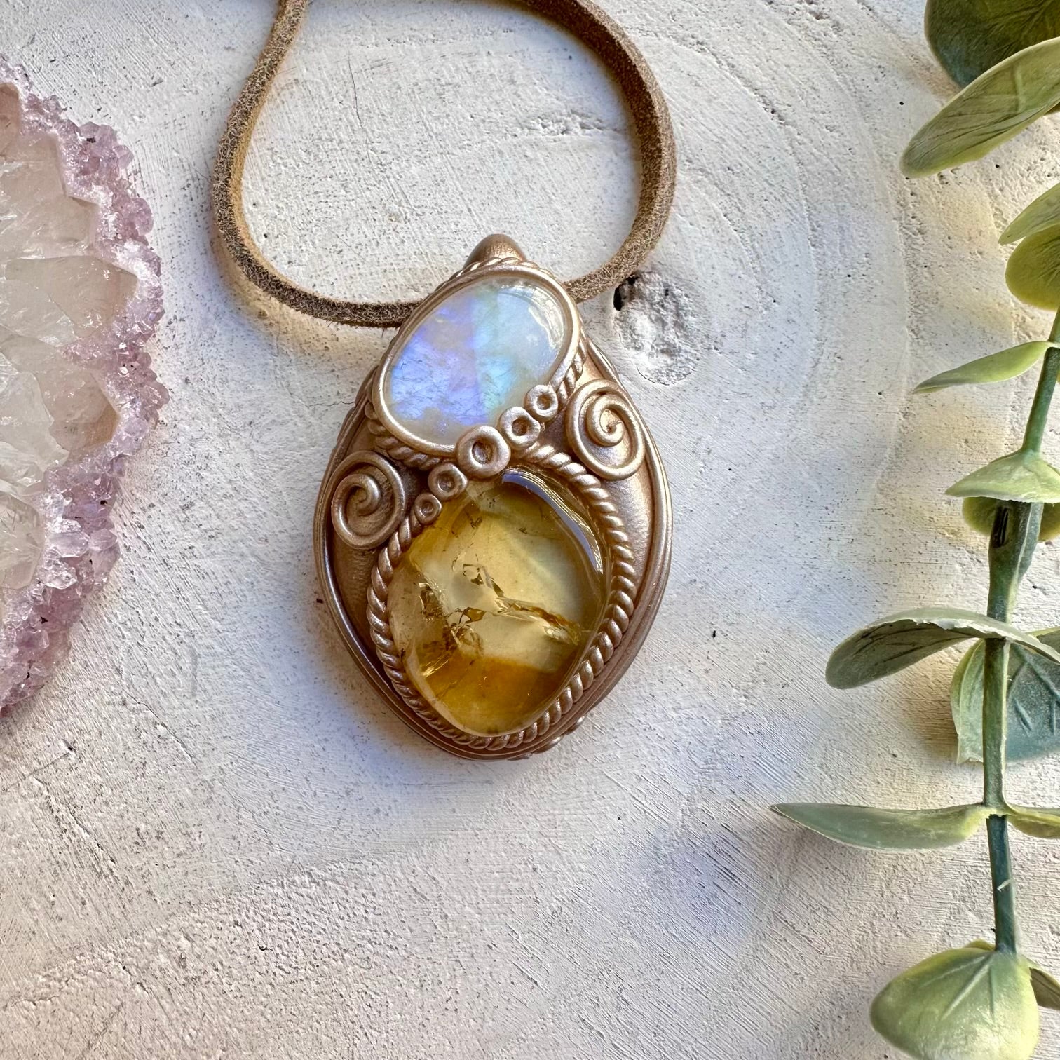 Handmade necklace with natural citrine and moonstone
