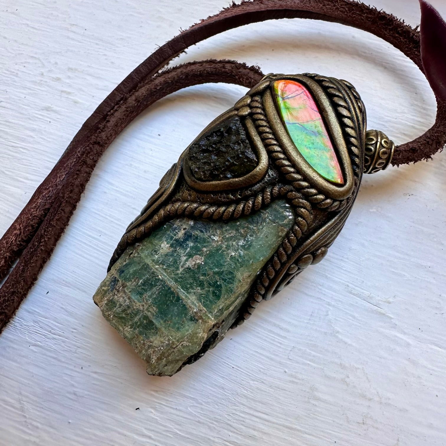Green Kyanite Ammolite and Moldavite Pendant Necklace - FairyGardenGlow