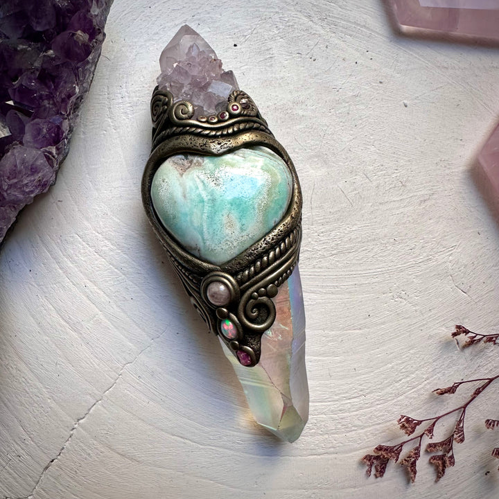 Angel Aura Lemurian Quartz Spirit Quartz Caribbean Calcite Heart Morganite Opal Spinel and Ruby Wand - FairyGardenGlow