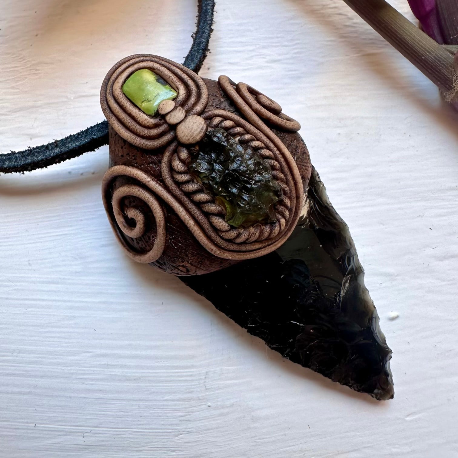 Black Obsidian Arrowhead Moldavite and Tibetan Turquoise Pendant Necklace - FairyGardenGlow