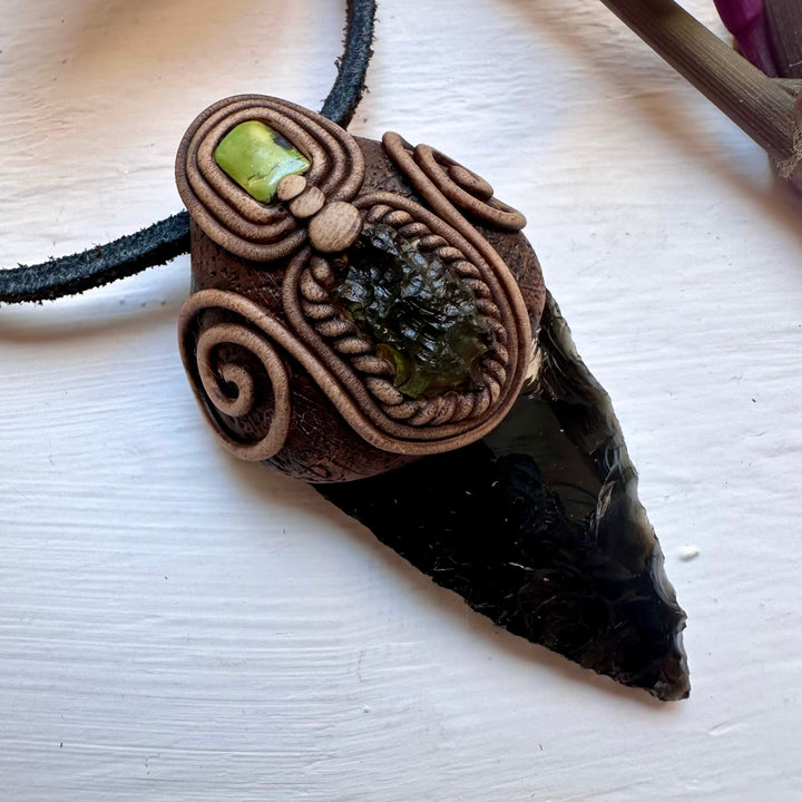 Black Obsidian Arrowhead Moldavite and Tibetan Turquoise Pendant Necklace - FairyGardenGlow