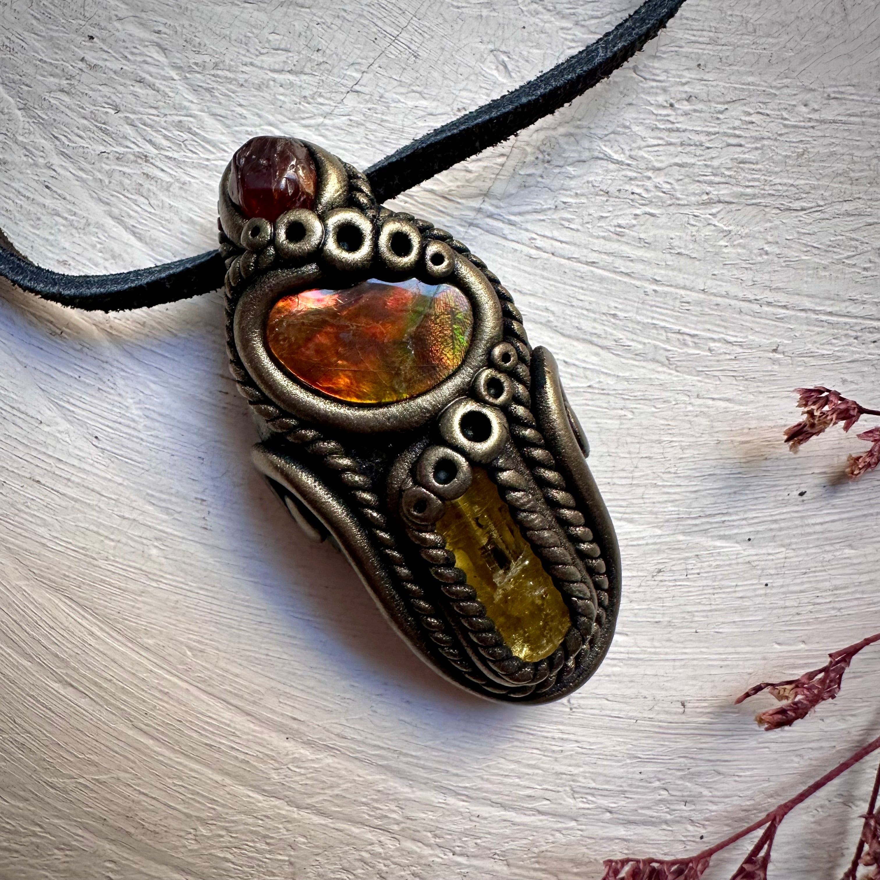Ammolite Heliodor and Hessonite Garnet Necklace - FairyGardenGlow